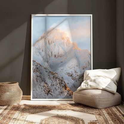 A stunning close-up of Aiguille du Chardonnet in Chamonix, with warm evening light and crisp snow-covered peaks. Ideal for alpine landscape enthusiasts and modern interiors.