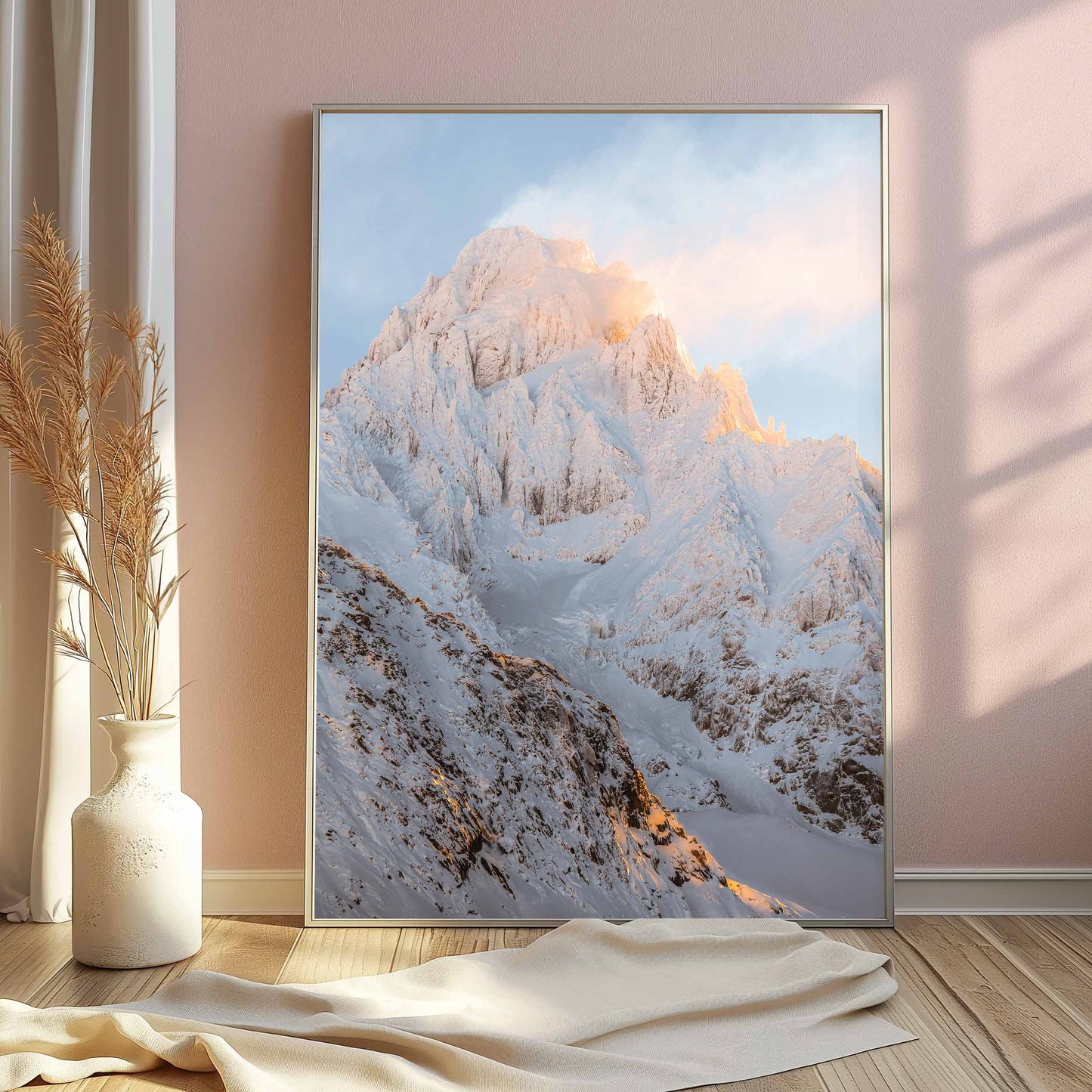 Elegant snowy Aiguille du Chardonnet peak framed by warm light, creating a serene atmosphere. A sophisticated Chamonix wall art piece for nature lovers