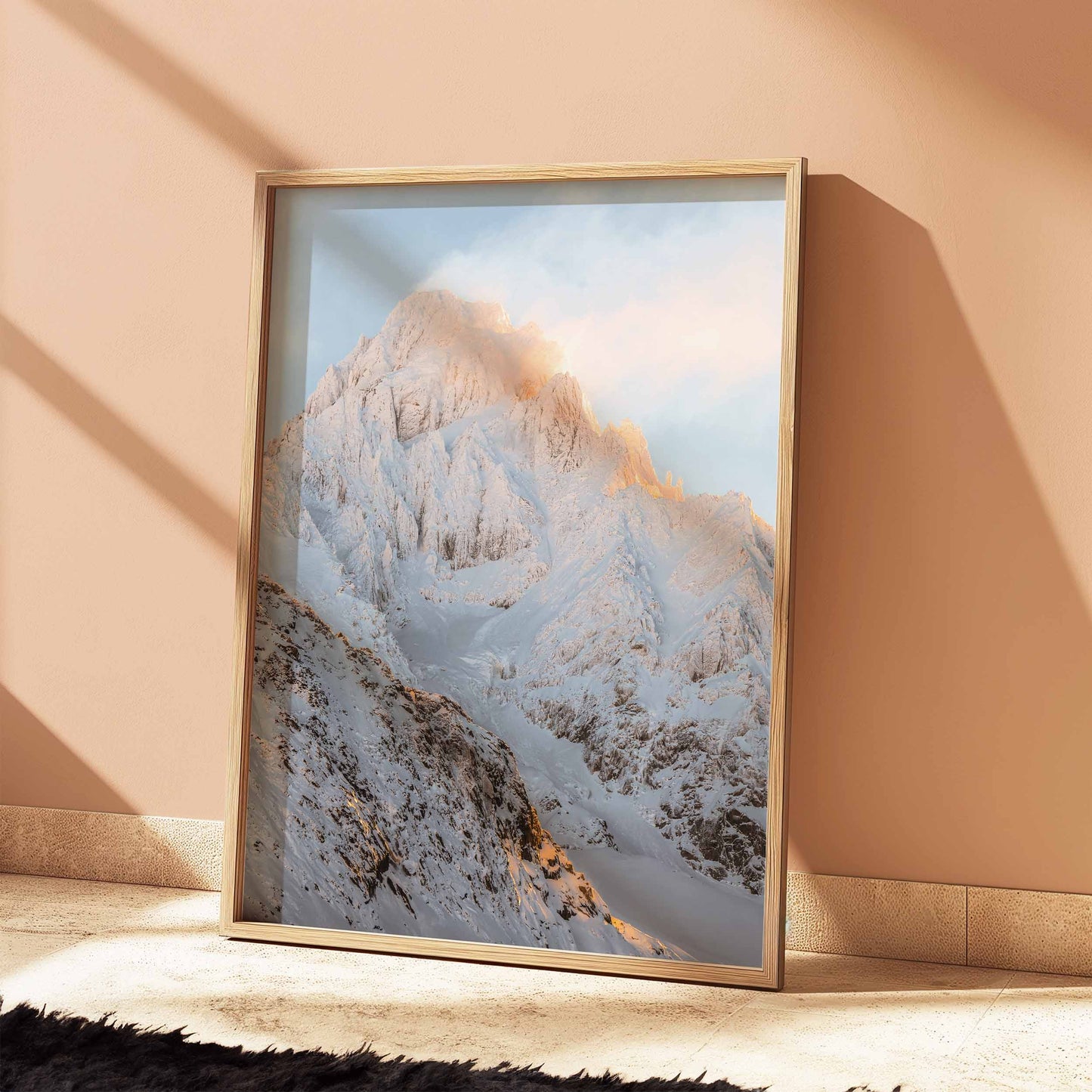 Fine art print of Aiguille du Chardonnet, highlighting its snow-covered peaks and golden alpine glow. Perfect for enhancing modern or rustic interiors.