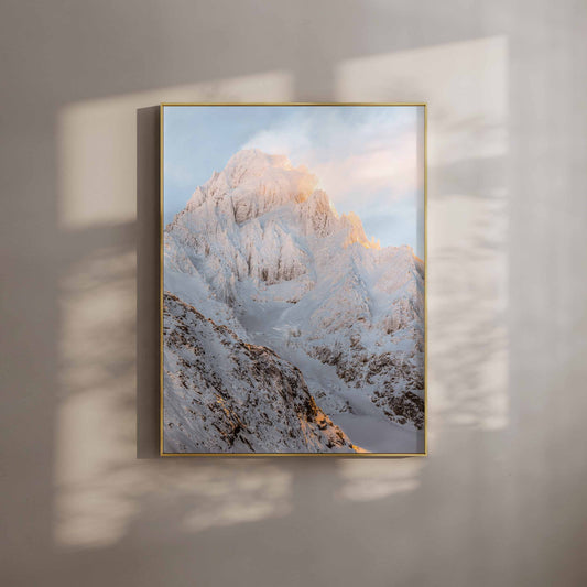 Aiguille du Chardonnet mountain bathed in golden sunset light, showcasing dramatic snowy peaks. Elegant wall art print perfect for Chamonix-inspired home decor.