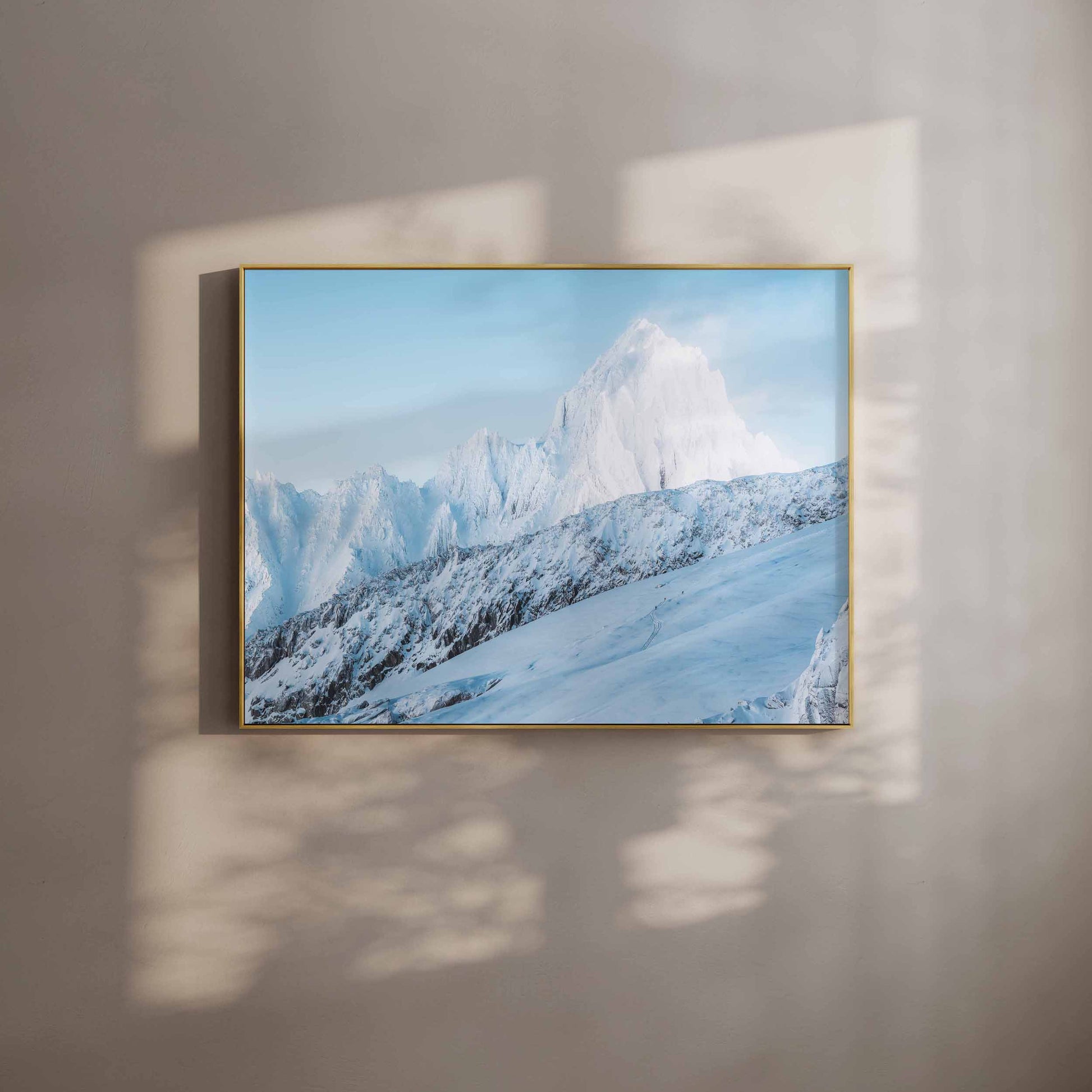  Elegant wall art print of Aiguille du Chardonnet covered in pristine snow, perfect for adding alpine serenity to your space.