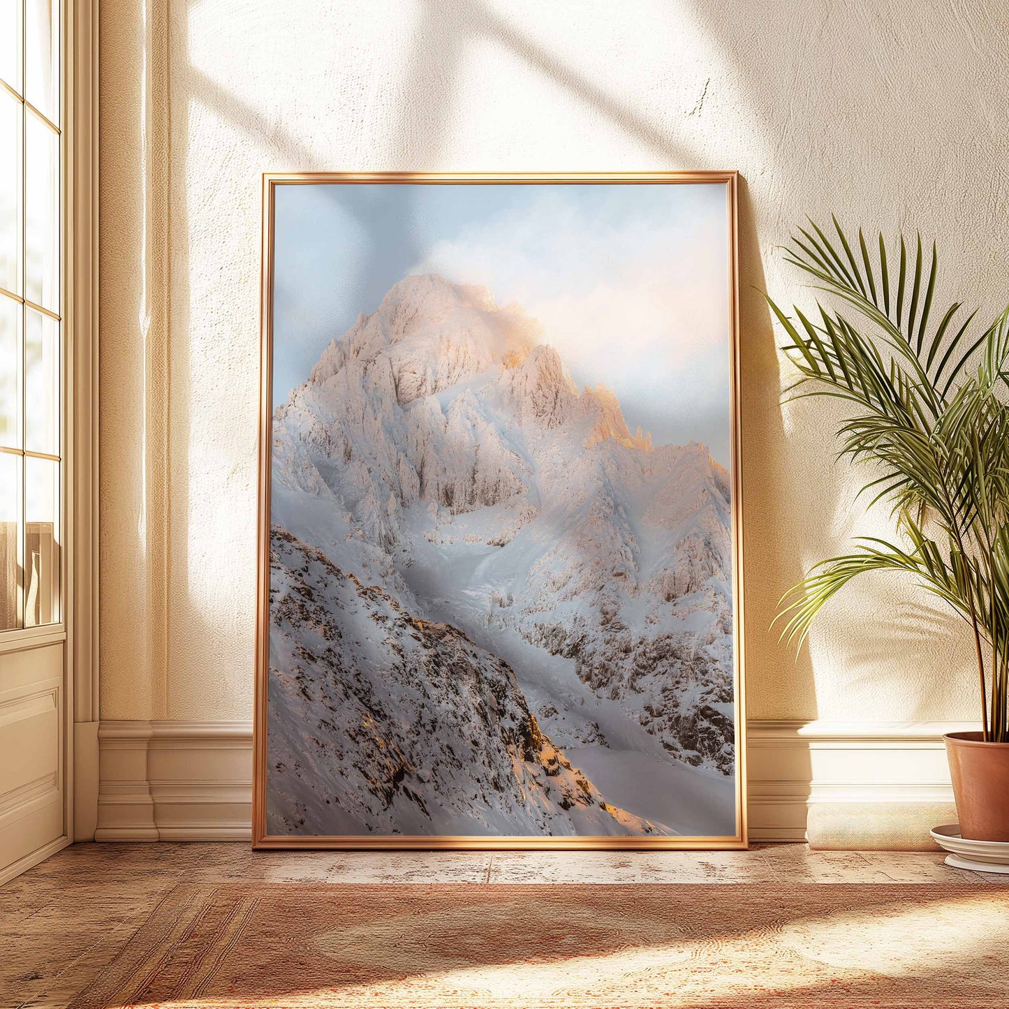 Chamonix's Aiguille du Chardonnet at sunrise, with soft golden hues lighting up the majestic snowy mountain. Perfect addition to a cozy, nature-inspired living space.