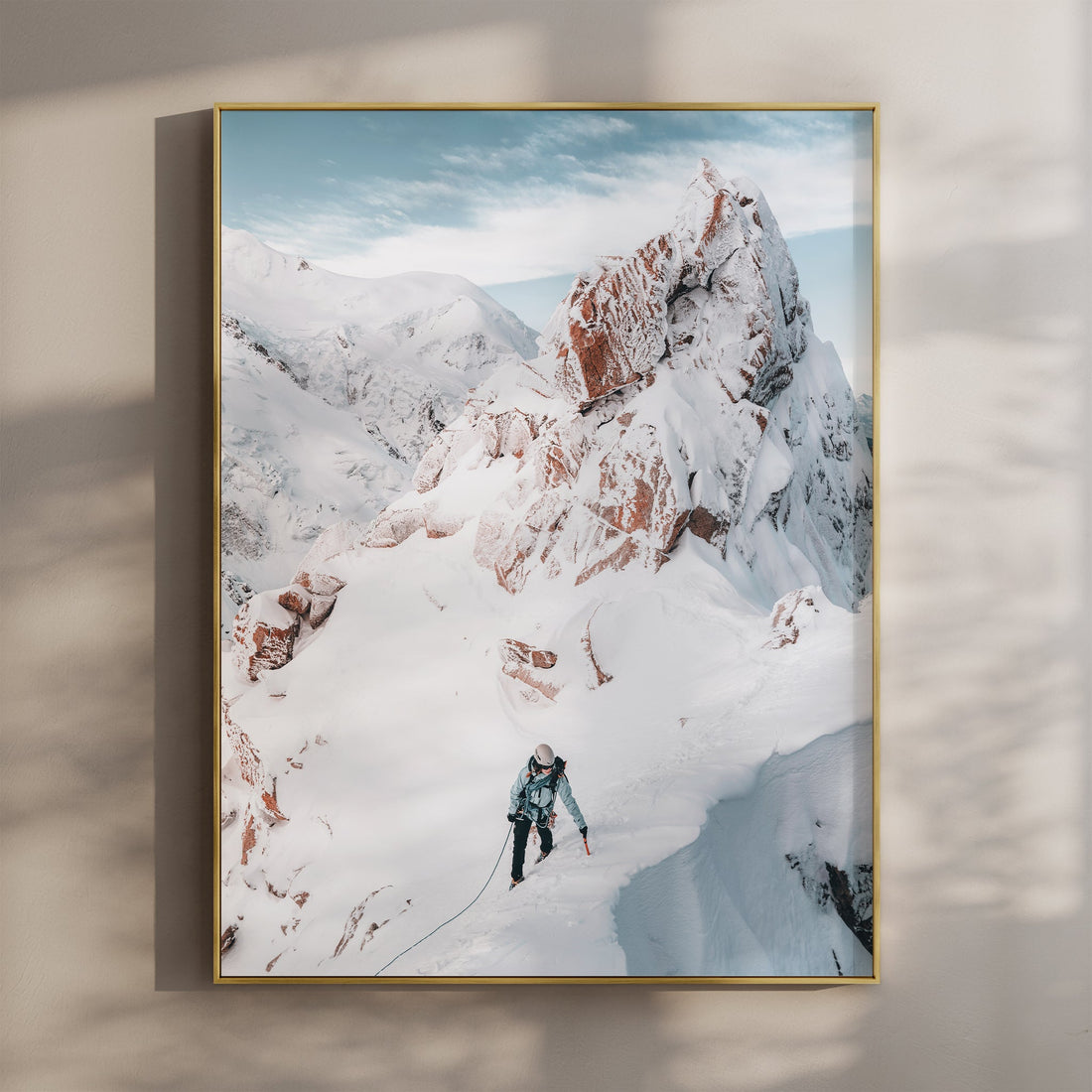 Stunning Aiguille du Midi alpine climbing photography print showcasing an extreme high-altitude ascent.