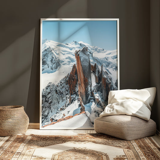 Aiguille du Midi mountain print with climbers on snow ridge