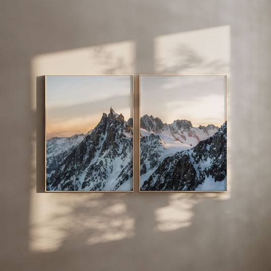 Sunrise view of Aiguille du Midi with golden hues illuminating snow-capped peaks in elegant gold frames