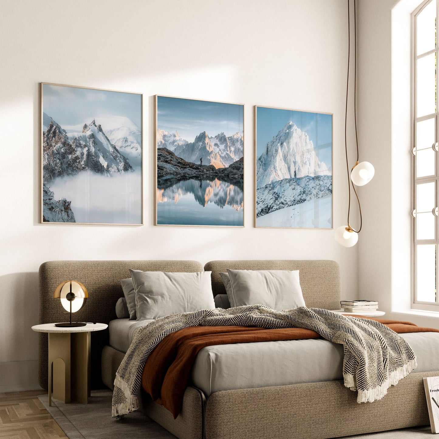 Aiguille du Midi, Lac Blanc, and Grand Montets displayed as a bedroom wall art set