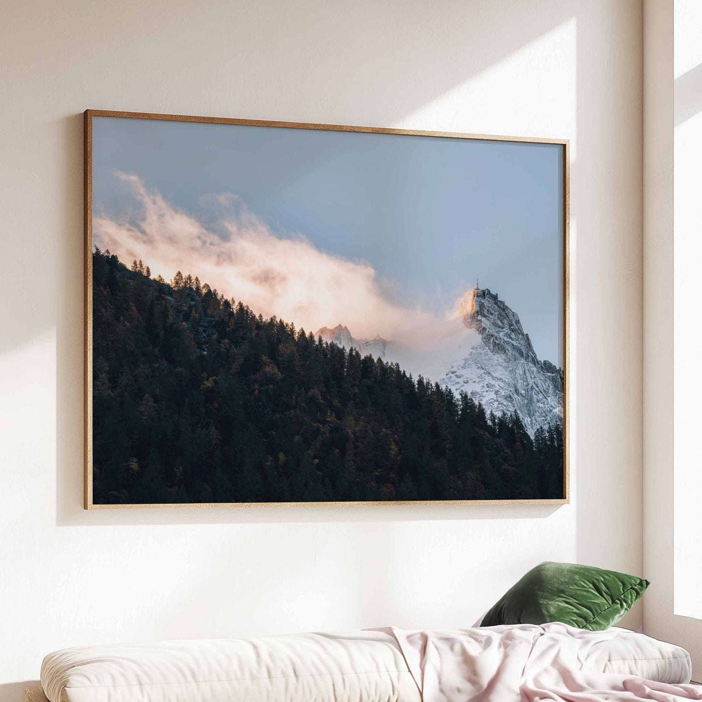 Framed wall art of Aiguille du Midi captured during sunrise in Chamonix, showcasing vibrant skies and majestic alpine views.