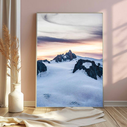 Premium photography print of Chamonix's Aiguille du Midi, elegantly styled with minimalist Scandi decor.