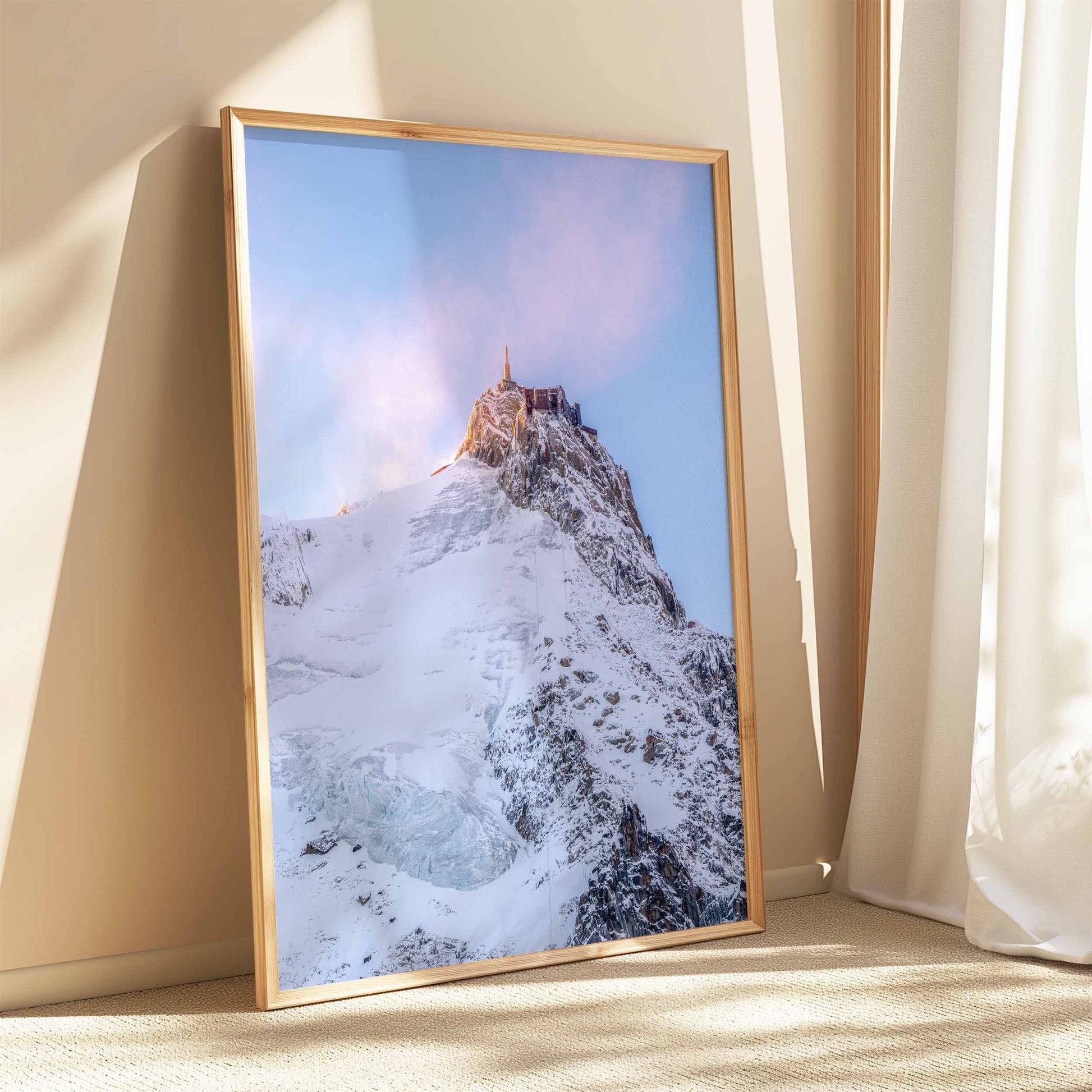 Winter scenery of the Aiguille du Midi with icy slopes.