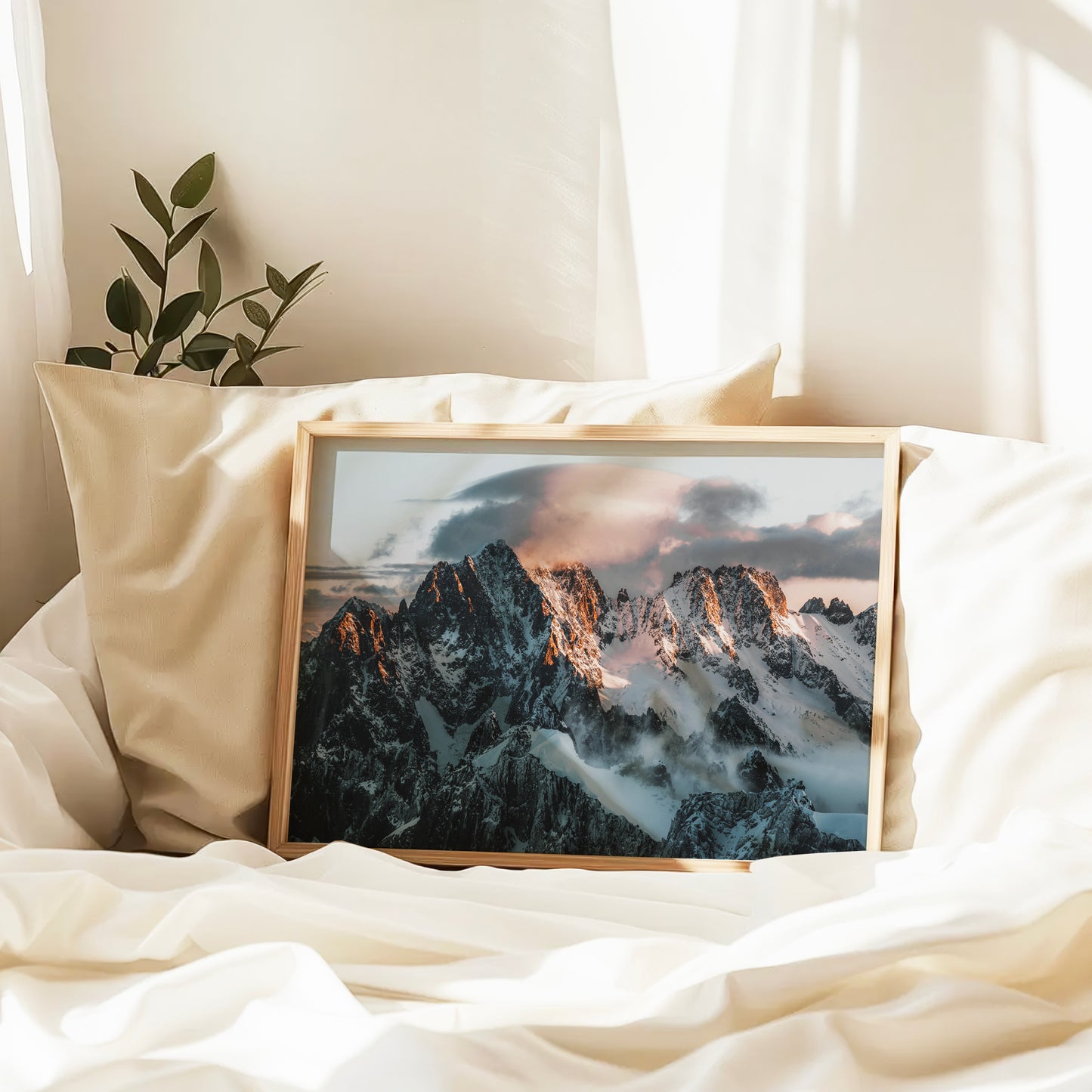 Aiguille Verte sunrise print styled in bedroom scene, fine art Alps photography