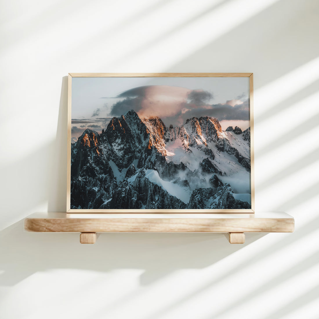 Aiguille Verte sunrise mountain wall art on floating shelf, Chamonix fine art print