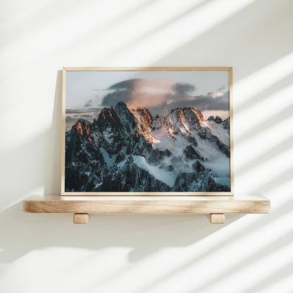 Aiguille Verte sunrise mountain wall art on floating shelf, Chamonix fine art print