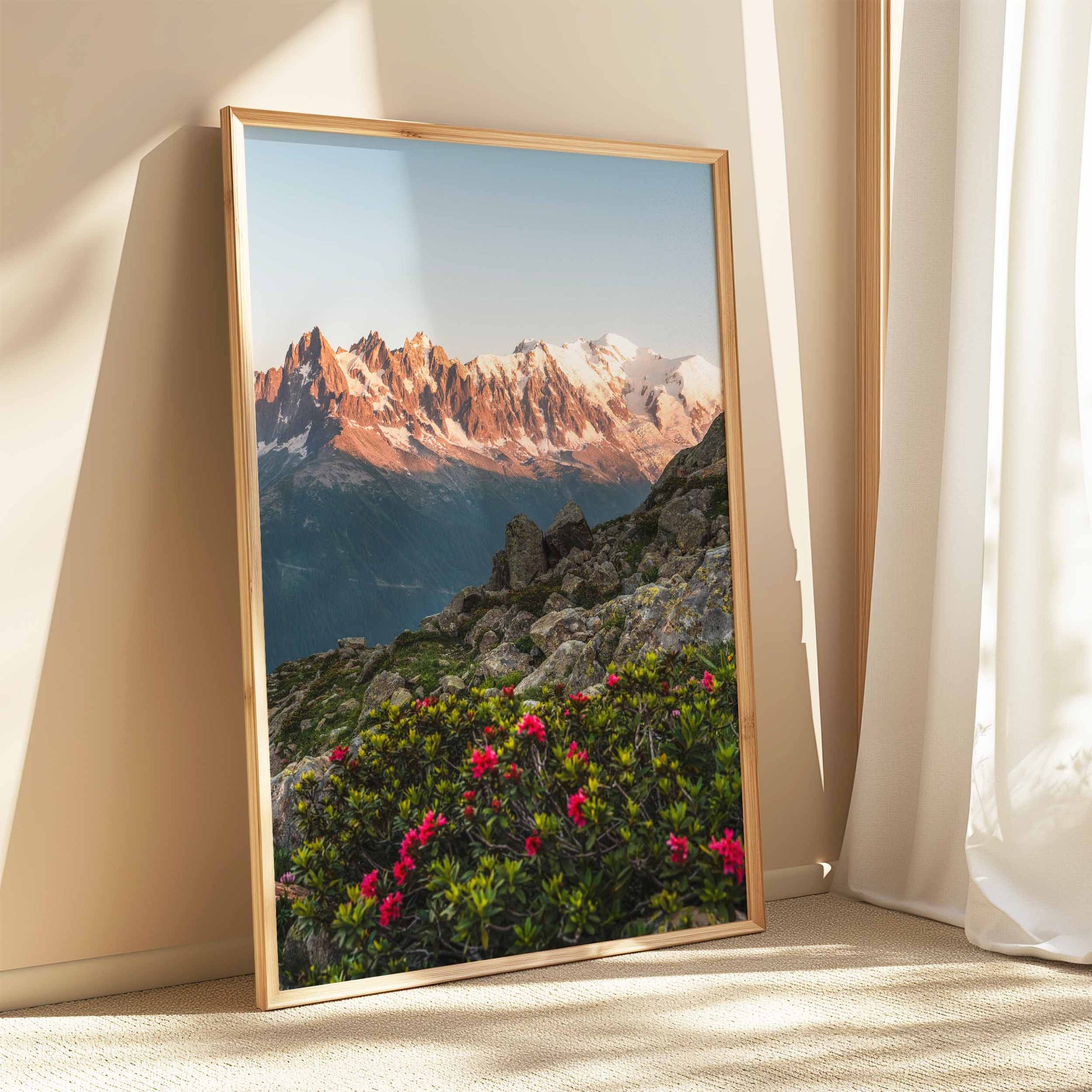 Wall print featuring the Aiguilles de Chamonix in soft evening light and blooming flowers.