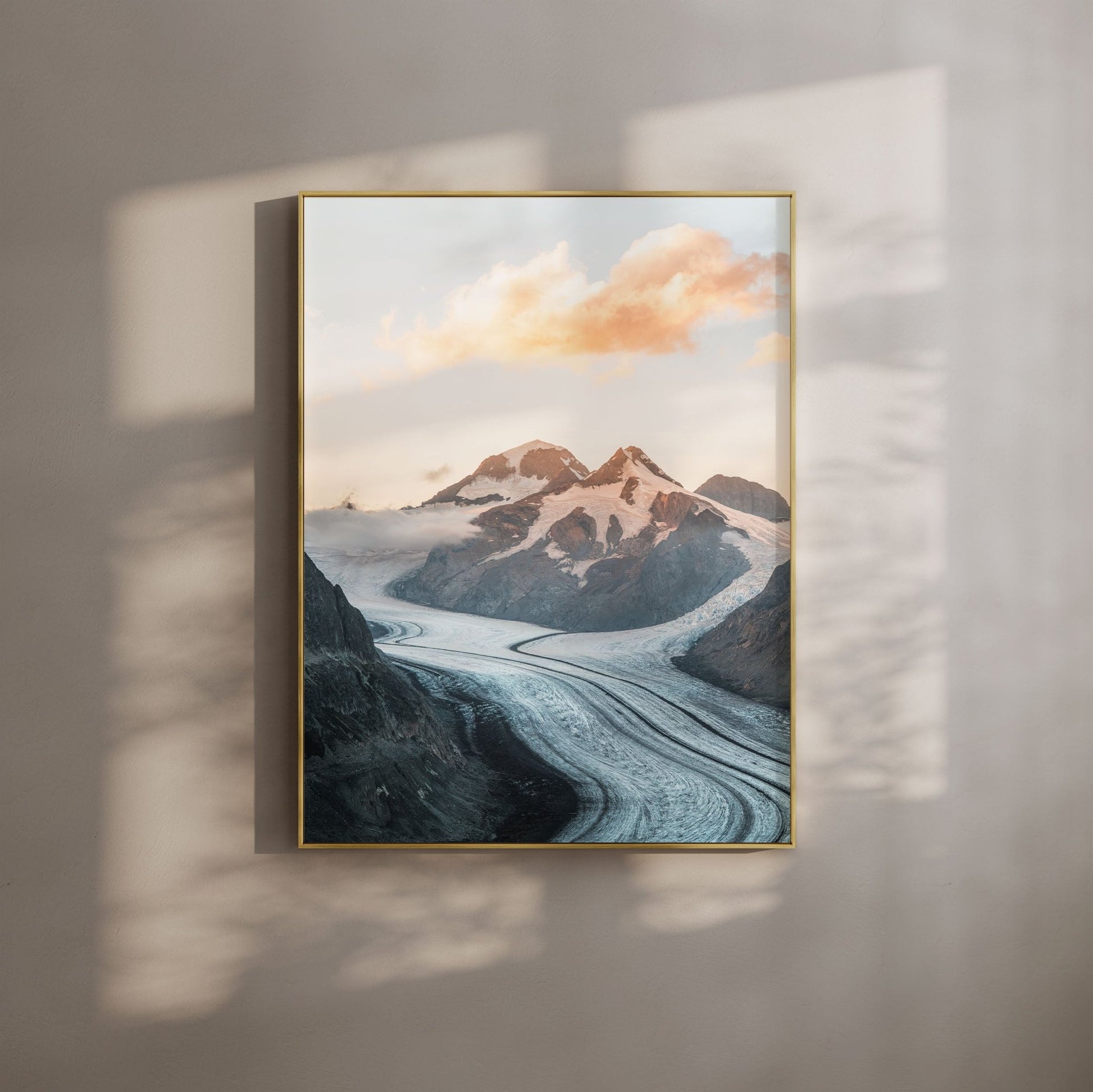 Aletsch Glacier in the Swiss Alps, bathed in golden sunset hues, framed in rustic oak.