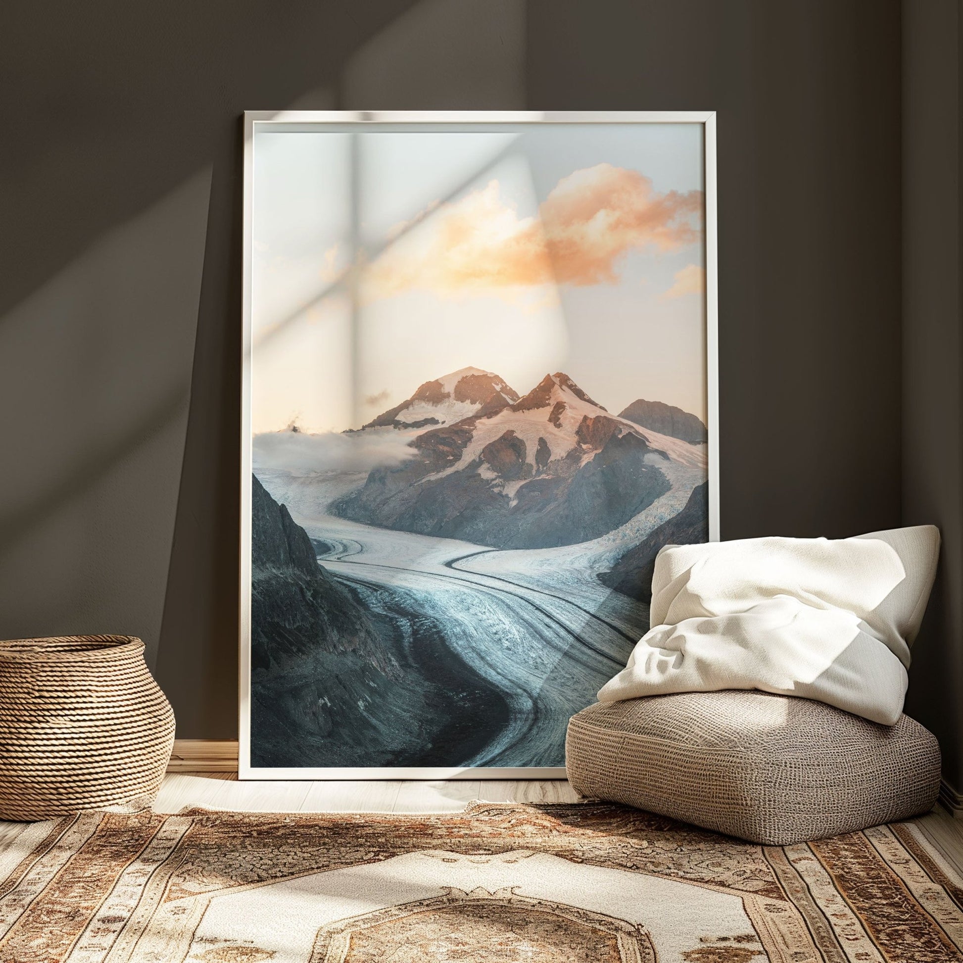 Sweeping view of Aletsch Glacier with golden clouds, elegantly framed in silver.