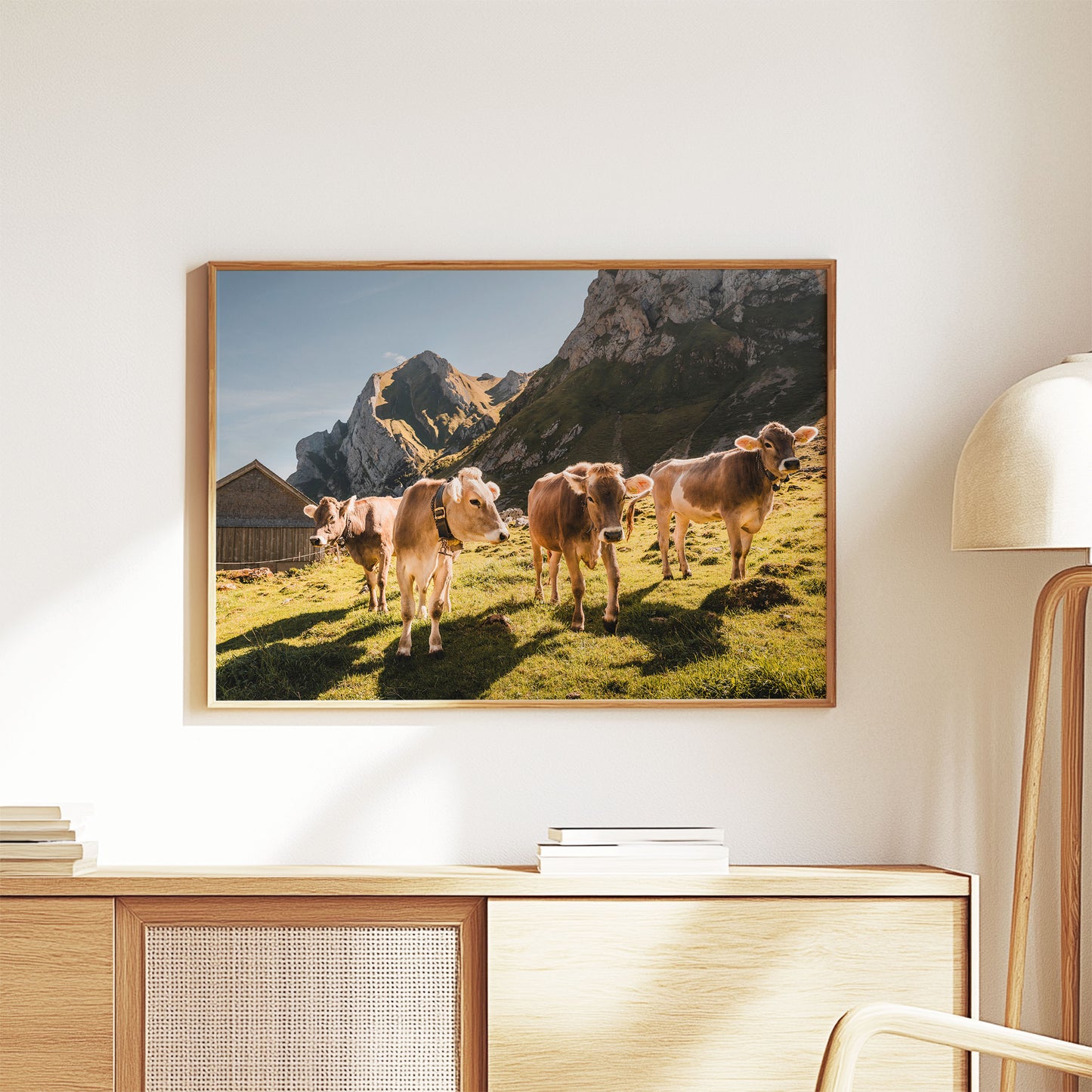 Sunlit alpine cows in Appenzell, surrounded by rugged peaks and lush greenery, perfect for mountain wall decor.