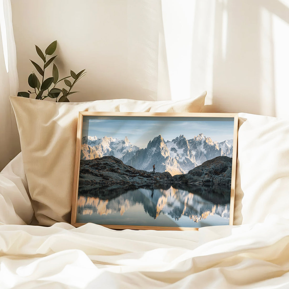 Serene hiking-themed wall art showing a hiker at Lac Blanc with the Mont Blanc massif in the background.
