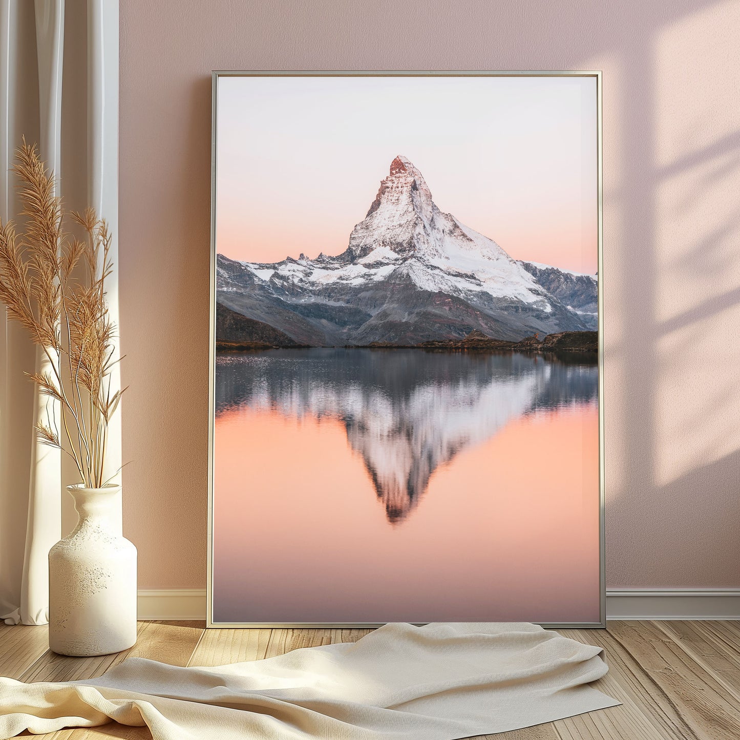 Stellisee alpine lake with the Matterhorn's snow-capped peak reflected at sunrise, a stunning nature wall decor piece.