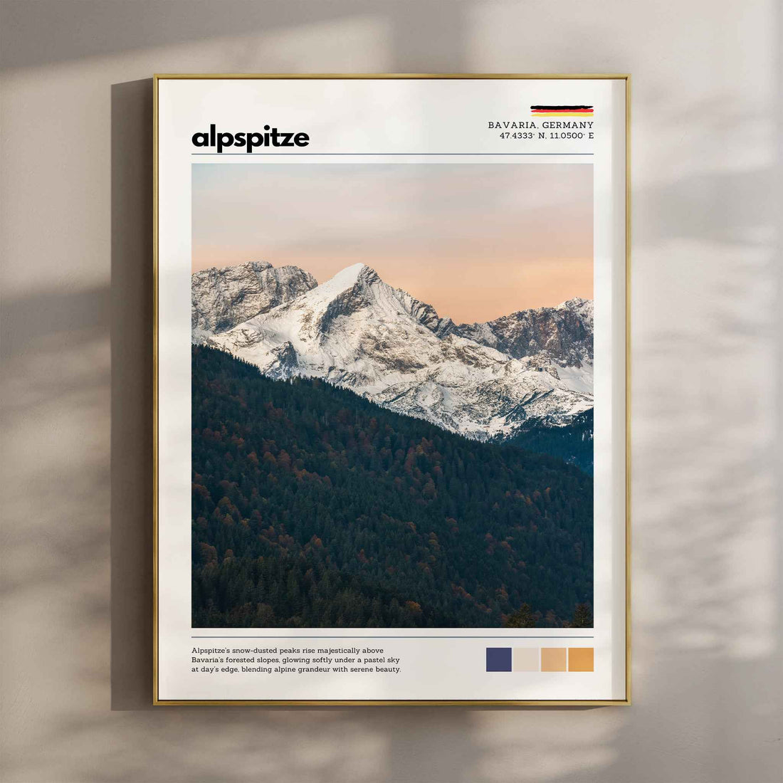 lpspitze Bavaria Germany travel photography print in gold float frame mounted on warm beige wall with window light shadows