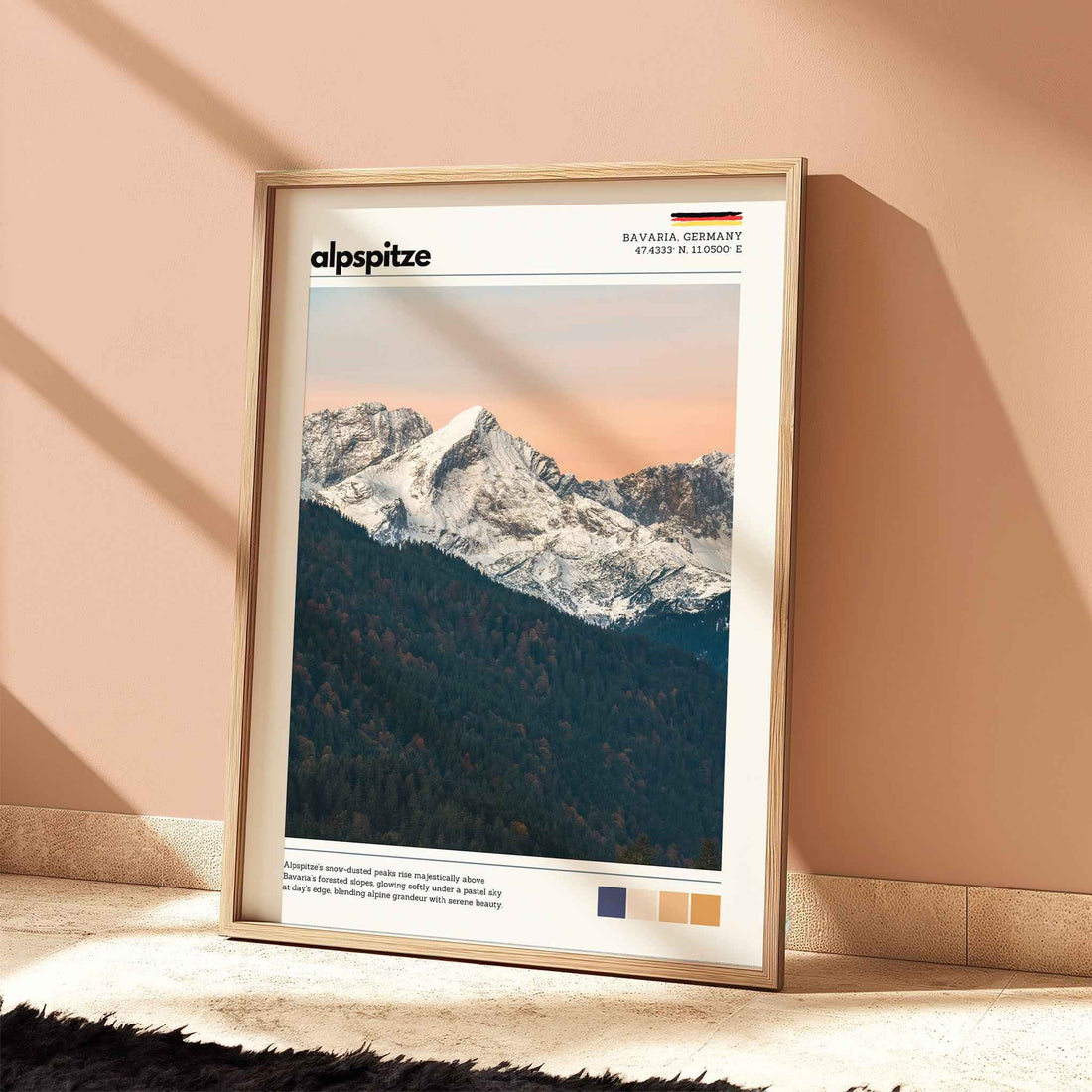Alpspitze Bavaria Germany photography print in natural wood frame leaning against warm terracotta wall on textured floor