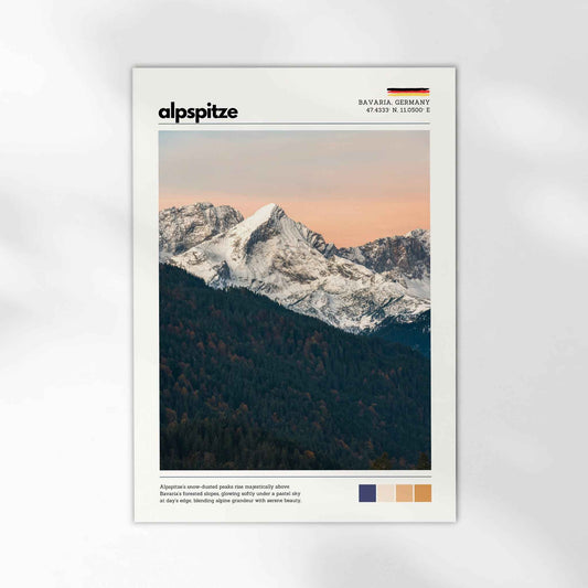 Unframed Alpspitze Bavaria Germany fine art print on white background showing snow-dusted peaks above forested slopes at golden hour