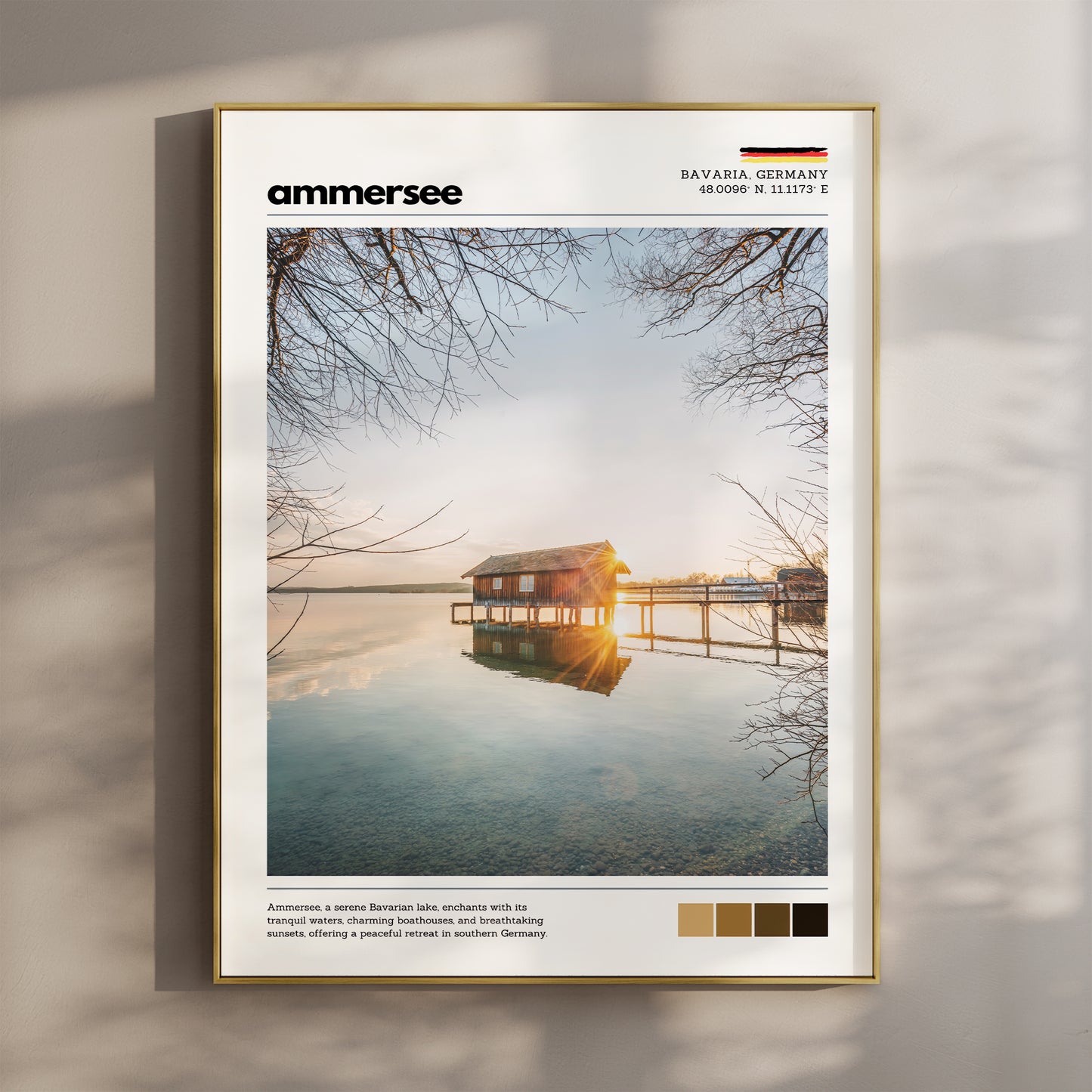 Ammersee Bavaria Germany boathouse sunset photography print in gold float frame mounted on warm beige wall with window light shadows