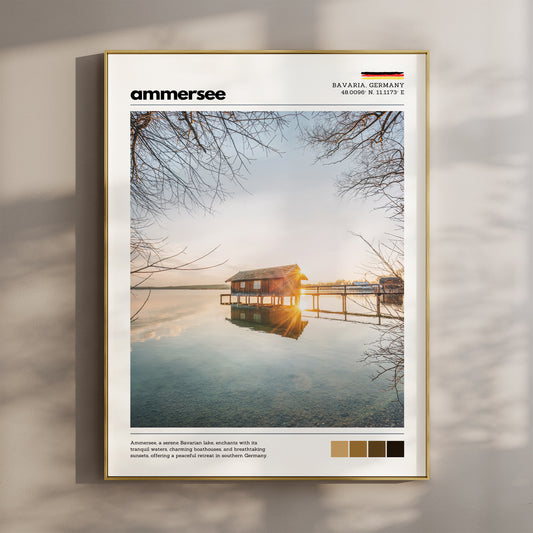 Ammersee Bavaria Germany boathouse sunset photography print in gold float frame mounted on warm beige wall with window light shadows