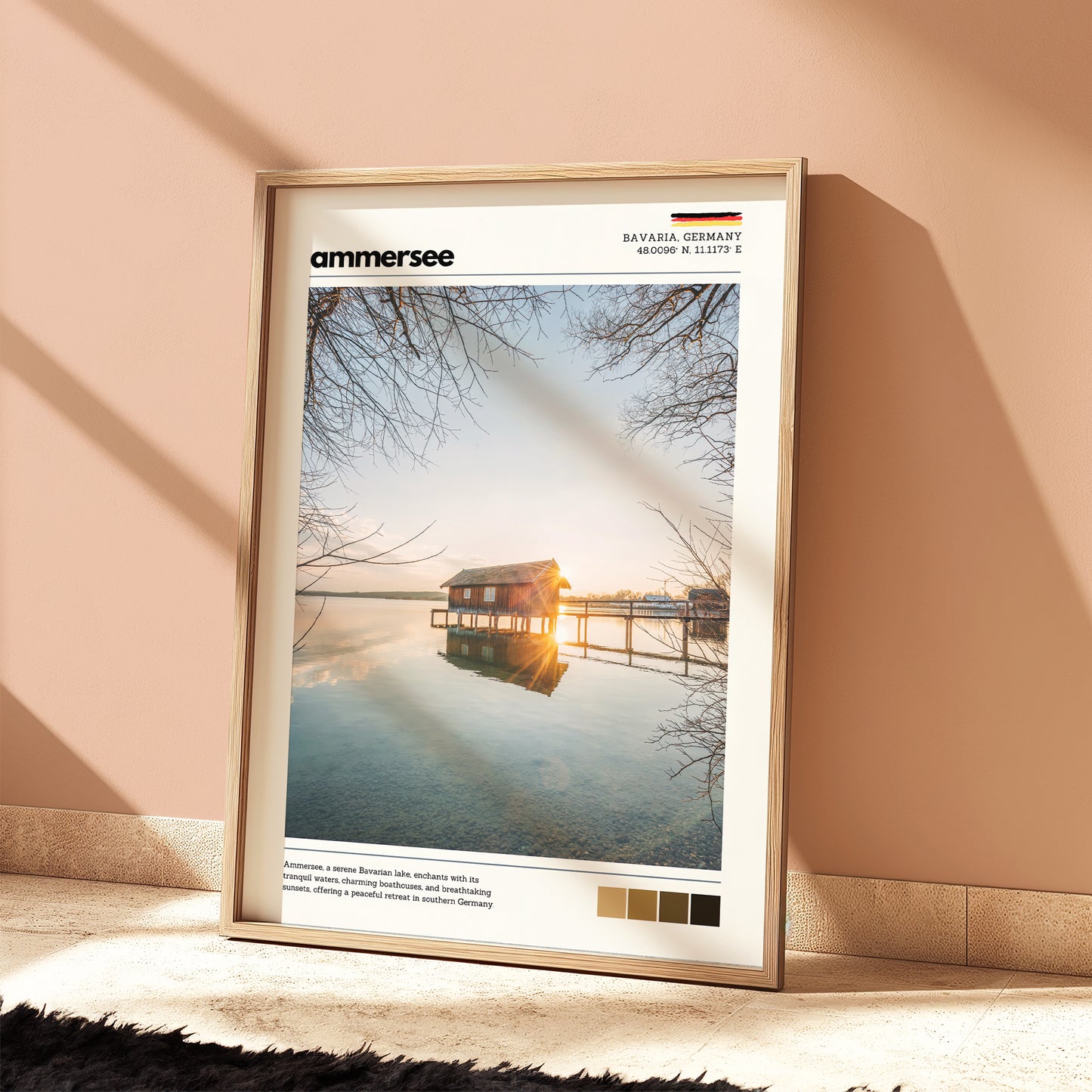 Ammersee Bavaria Germany boathouse photography print in natural wood frame leaning against warm terracotta wall on textured floor