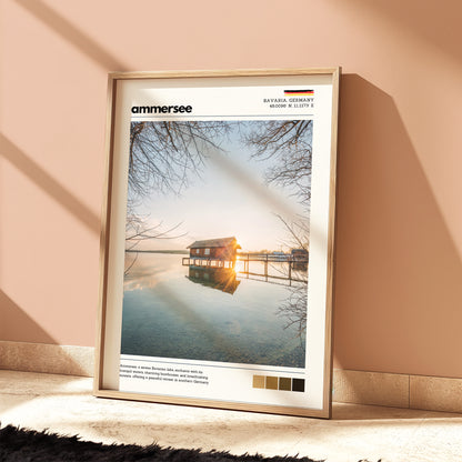 Ammersee Bavaria Germany boathouse photography print in natural wood frame leaning against warm terracotta wall on textured floor