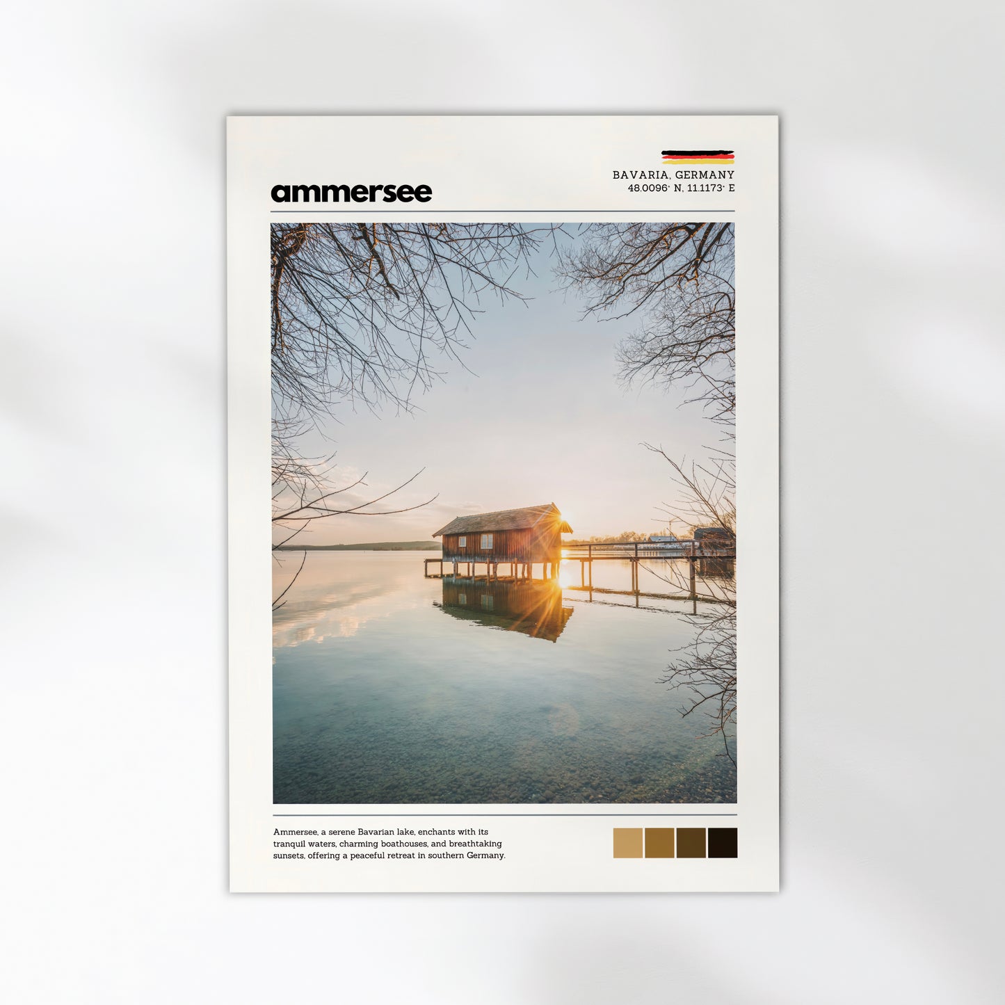 Unframed Ammersee Bavaria Germany boathouse fine art print on white background showing golden sunset reflection on still lake water