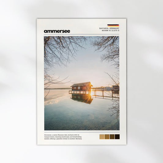 Unframed Ammersee Bavaria Germany boathouse fine art print on white background showing golden sunset reflection on still lake water