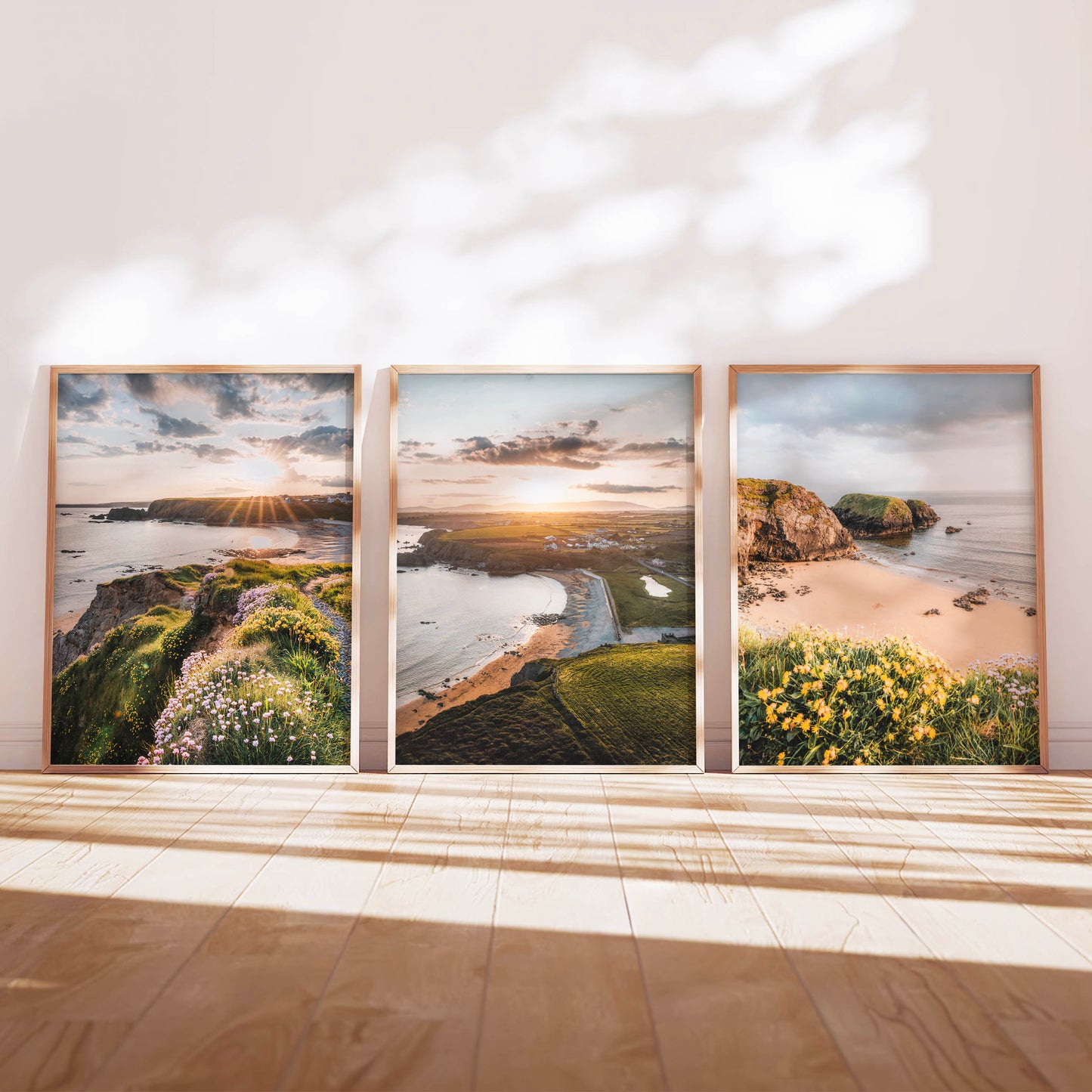 Irish coastal wall art set of 3 Annestown Beach prints displayed in modern living room