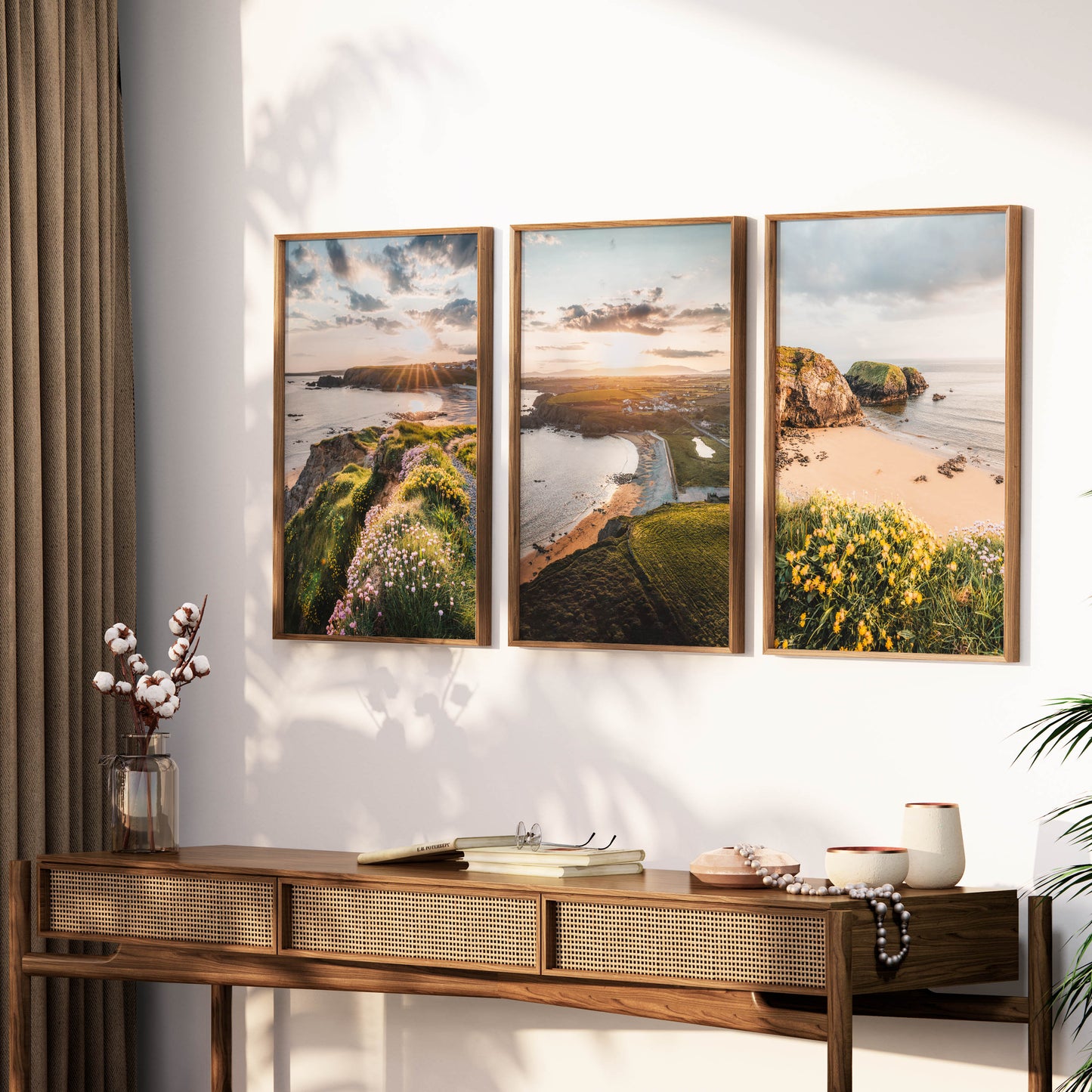 Irish coastal landscape triptych Annestown Beach wall art above sofa for modern interiors