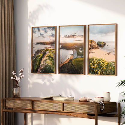 Irish coastal landscape triptych Annestown Beach wall art above sofa for modern interiors