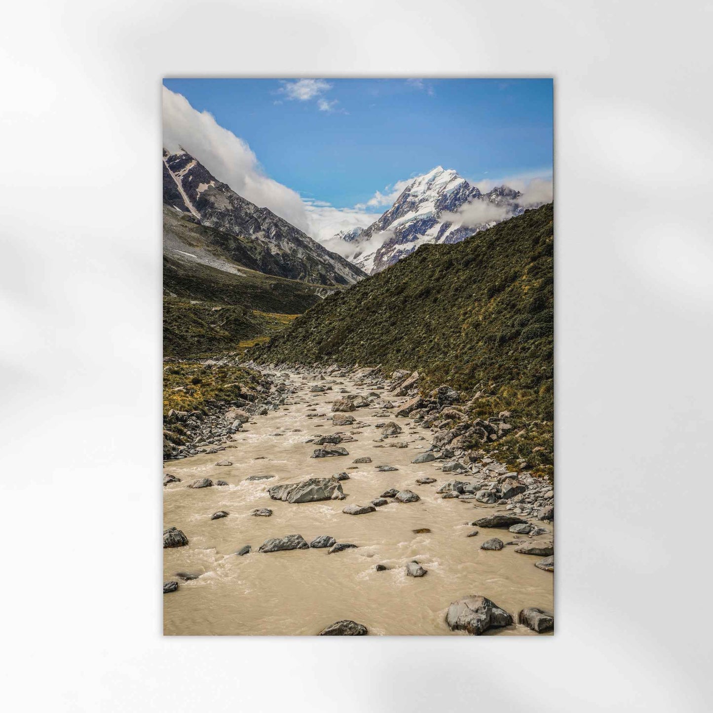 Unframed photography print of Aoraki Mount Cook Hooker Valley New Zealand on white background