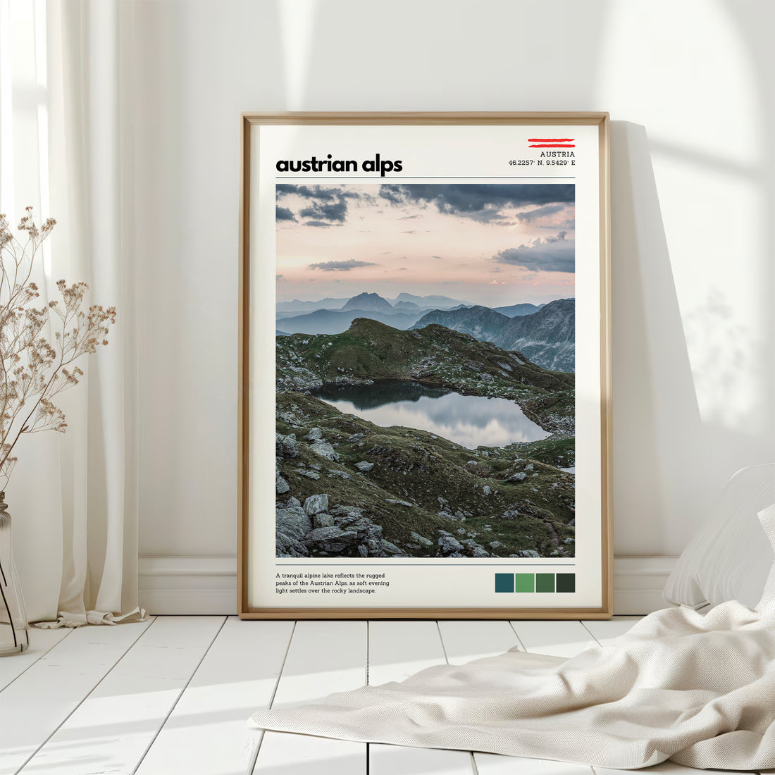 Minimal Austrian Alps location poster with mountain landscape photography