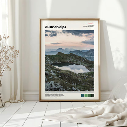 Minimal Austrian Alps location poster with mountain landscape photography