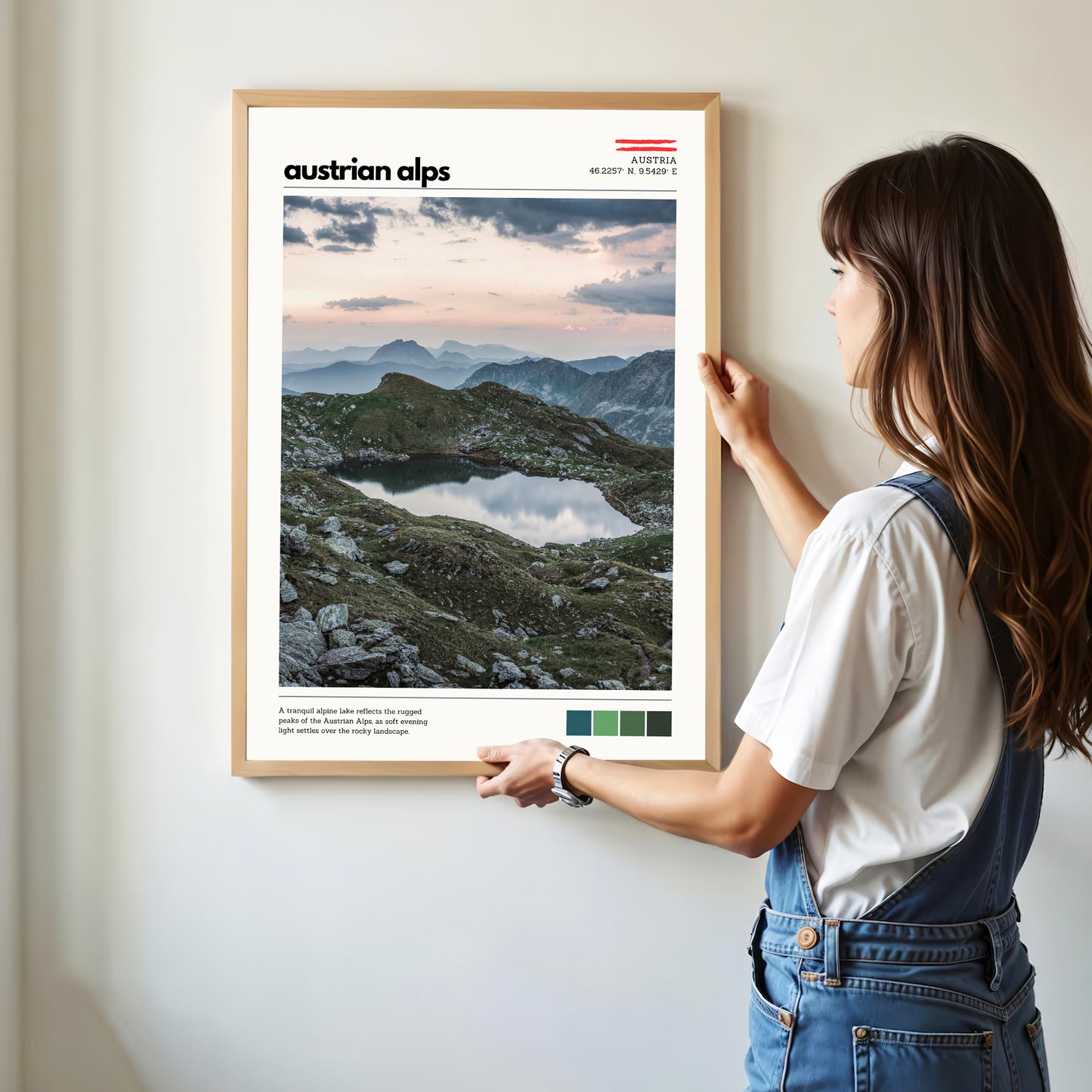 Framed Austrian Alps mountain landscape poster displayed in a modern interior
