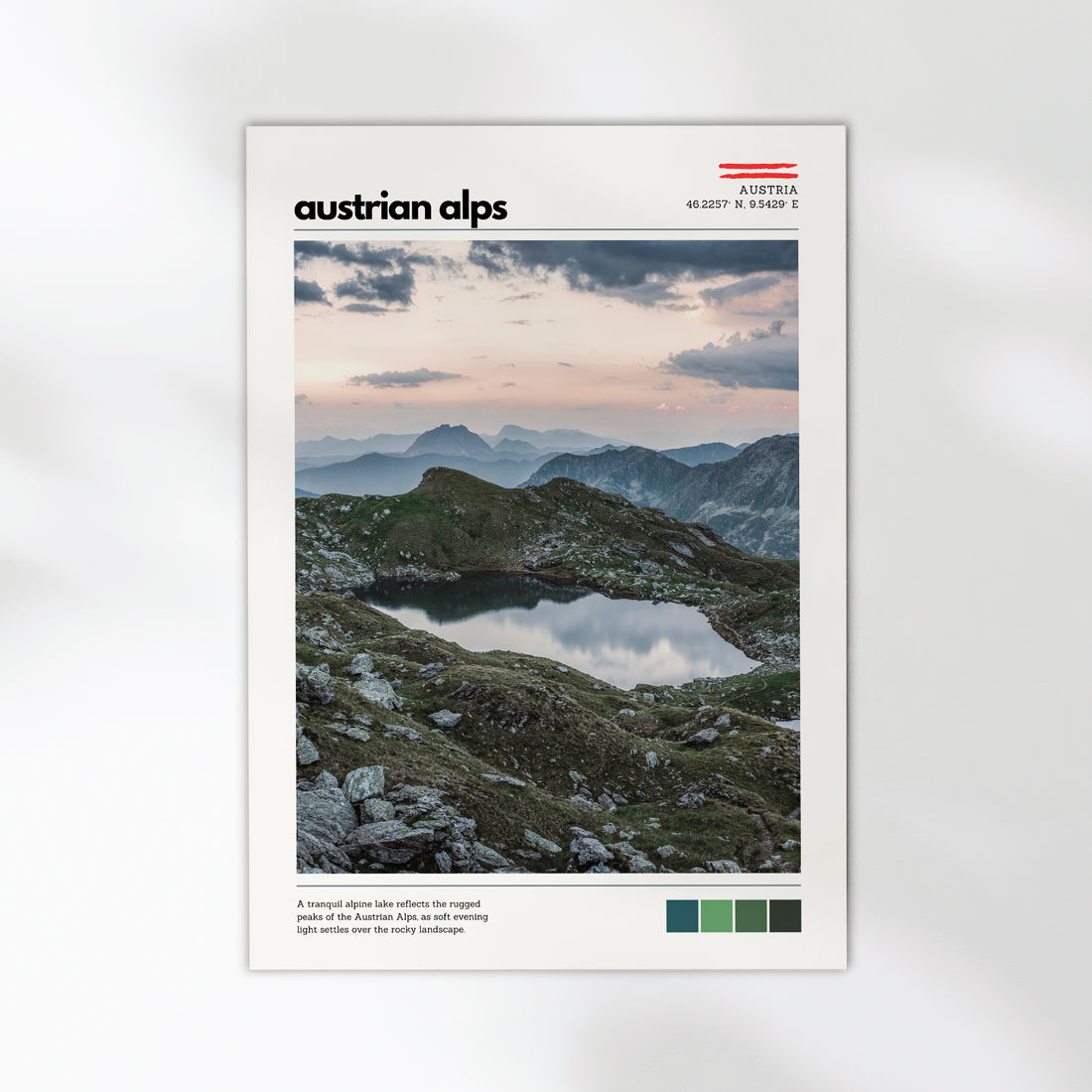 Close-up detail of Austrian Alps location poster with exhibition-style layout