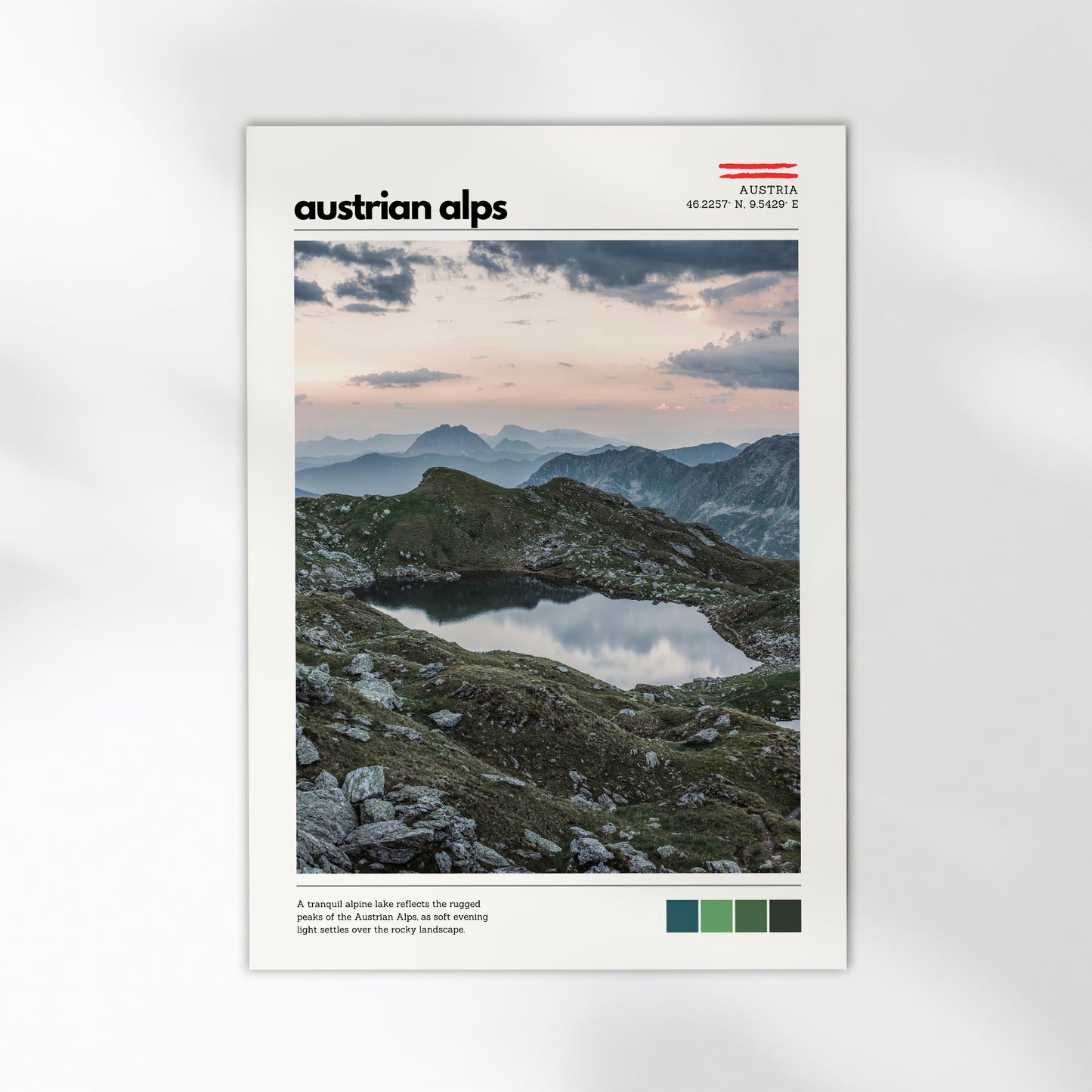 Close-up detail of Austrian Alps location poster with exhibition-style layout