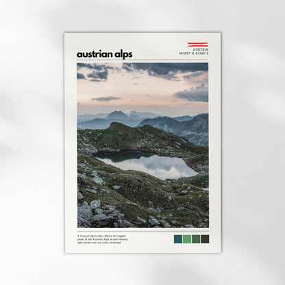 Close-up detail of Austrian Alps location poster with exhibition-style layout