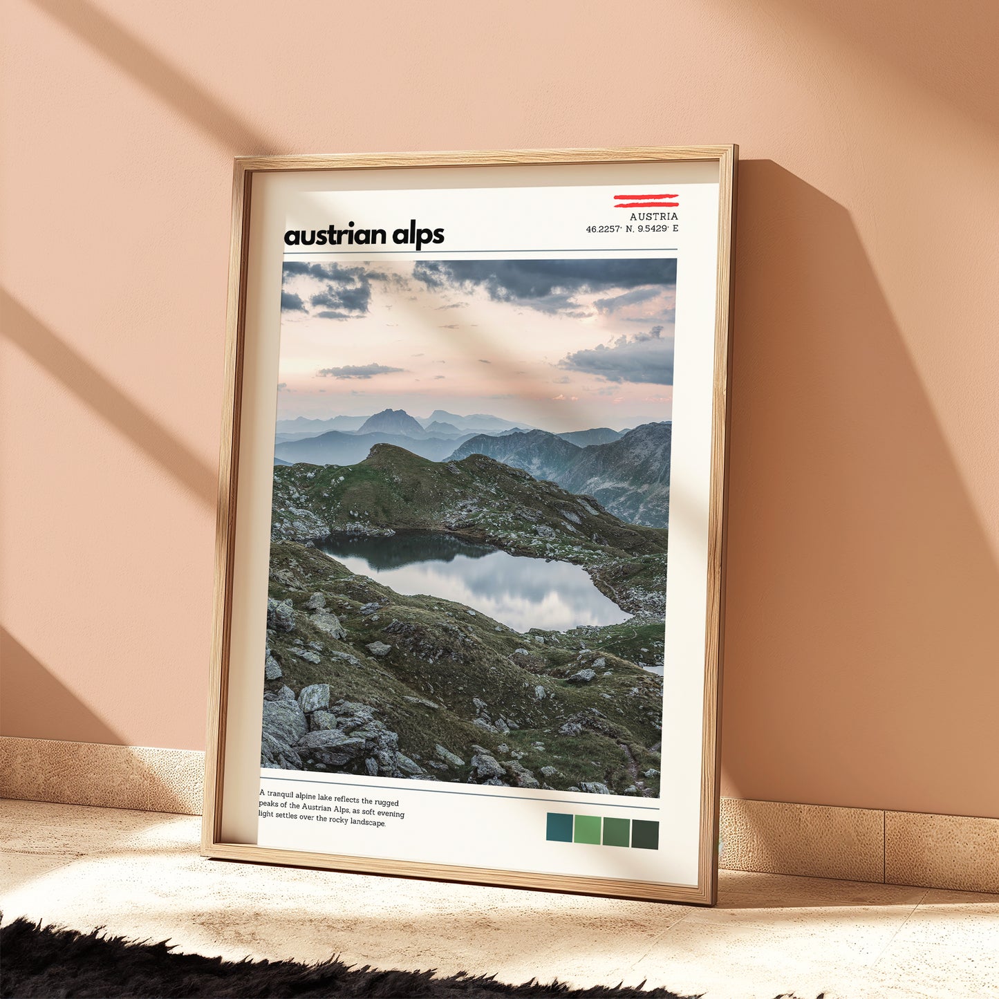 Austrian Alps mountain poster shown at scale on a wall