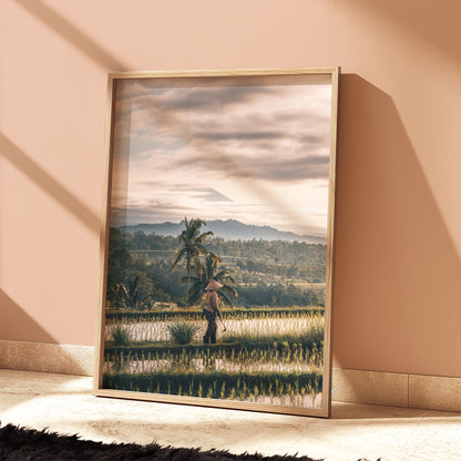 Bali rice terraces photography wall print with Mount Agung in warm toned room