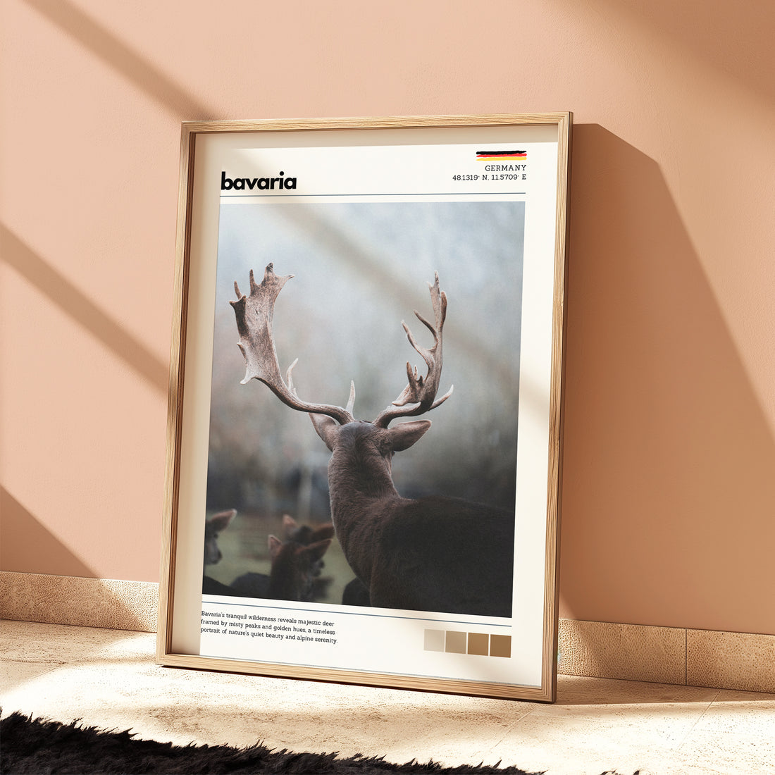 Bavaria red deer stag Germany wildlife photography print in natural wood frame leaning against warm terracotta wall on textured floor
