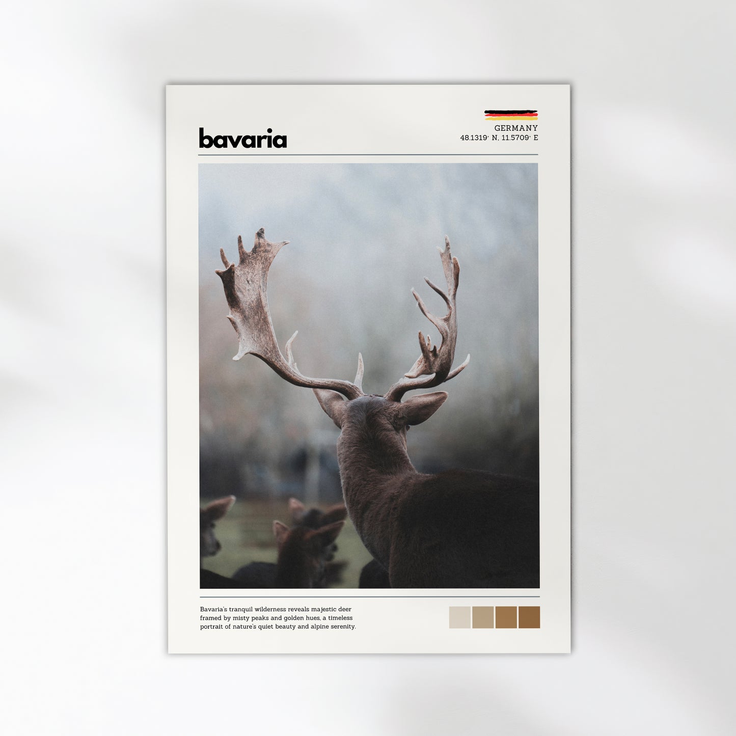 Unframed Bavaria red deer stag Germany fine art print on white background showing majestic elk antlers in misty Bavarian wilderness