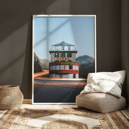 Historic Belvedere Hotel in the Swiss Alps with scenic mountain landscape and warm sunset tones, ideal wall decor.