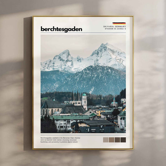 Berchtesgaden Bavaria Germany alpine town Watzmann mountain photography print in gold float frame mounted on warm beige wall with window light shadows