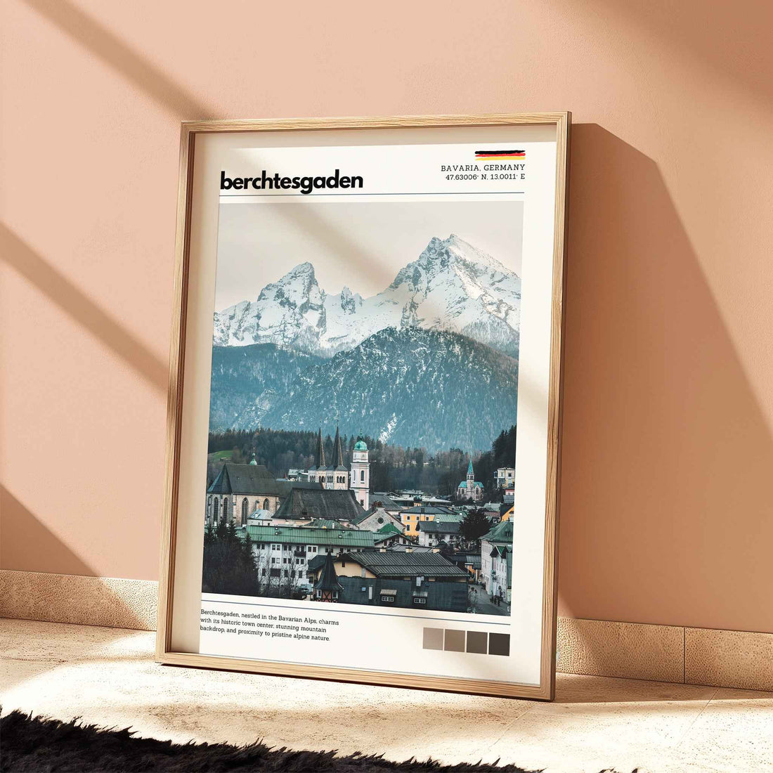 Berchtesgaden Bavaria Germany alpine town photography print in natural wood frame leaning against warm terracotta wall on textured floor