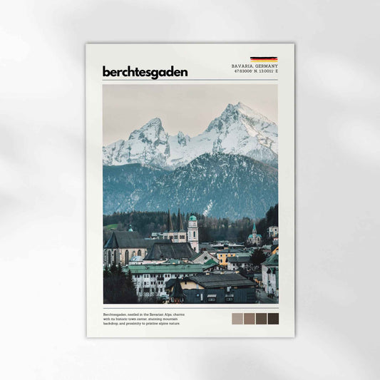 Unframed Berchtesgaden Bavaria Germany fine art print on white background showing historic town centre with snow-capped Watzmann mountain backdrop