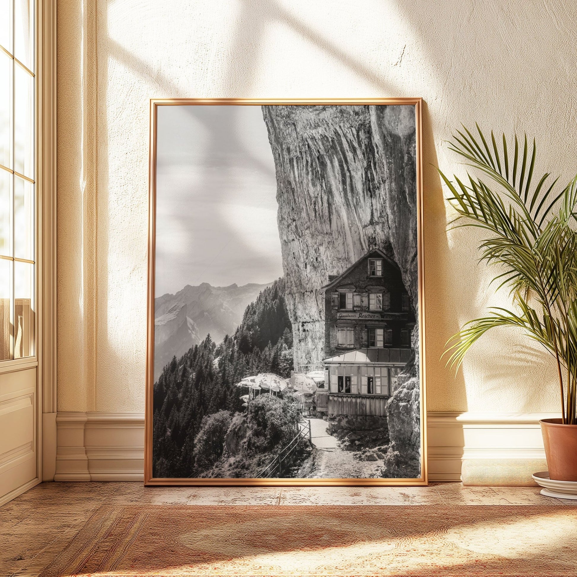 Aescher Guesthouse Switzerland captured in black-and-white, showcasing its dramatic cliffside location and rugged alpine surroundings for timeless wall art.